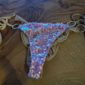 Beach bunny Sequin pink Bikini Bottom with Tan Straps